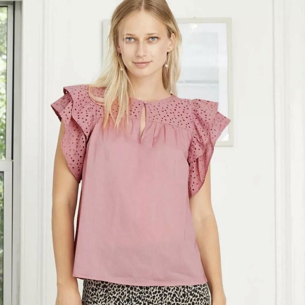 A New Day Pink Eyelet Lace Ruffle Sleeve Top